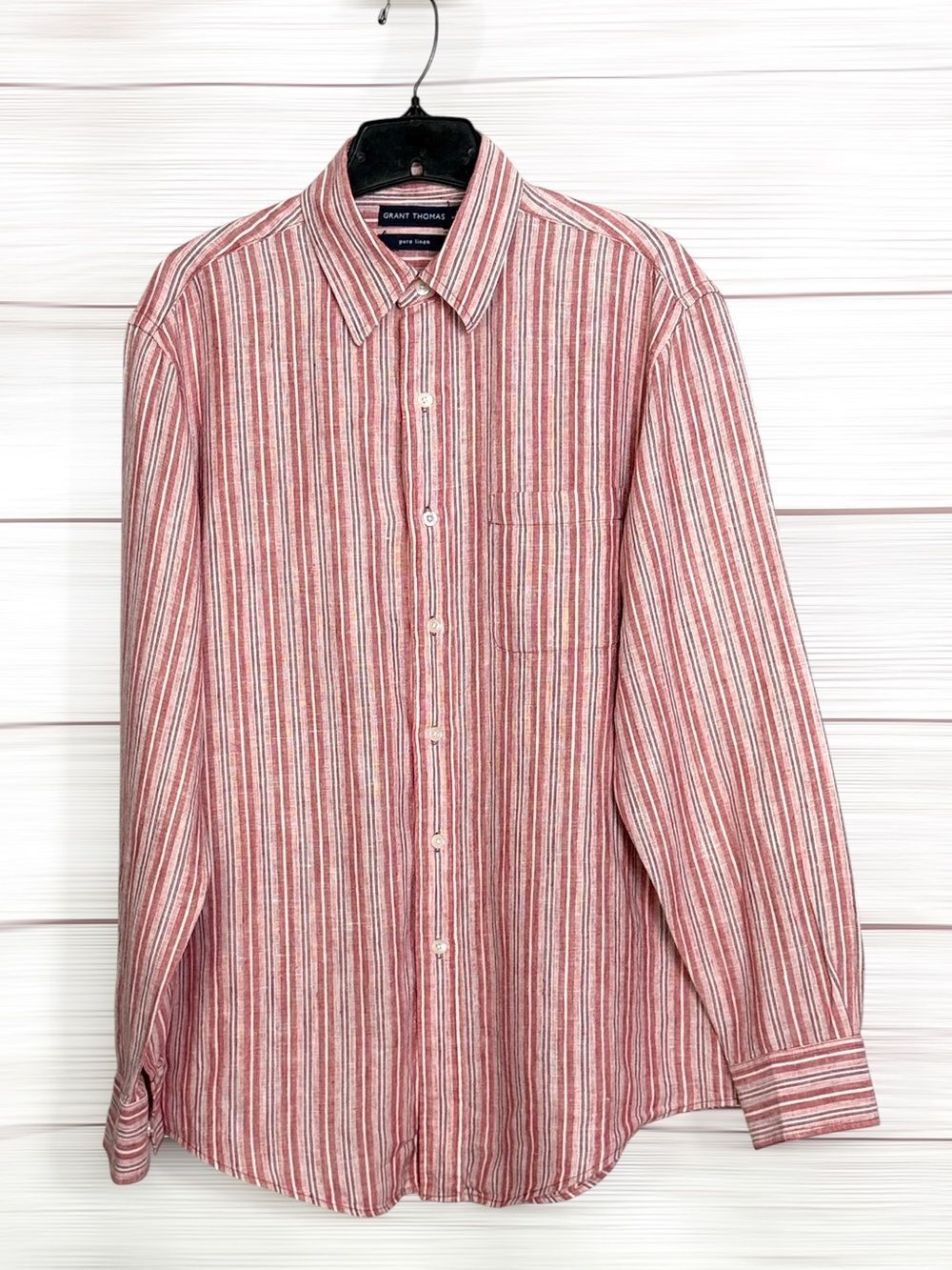 Grant Thomas Linen Button Front Shirt Nantucket Red White Stripe Men's M Summer